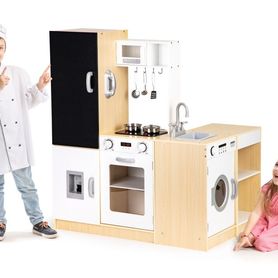 Moderná drevená kuchynka pre deti XXL + tabuľa + LED
