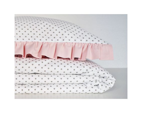 Bavlnená posteľná bielizeň biela s bodkami a púdrovo ružovým volánikom