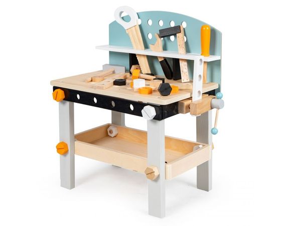 Drevený stolík s náradím Eco Toys s príslušenstvom, modrý