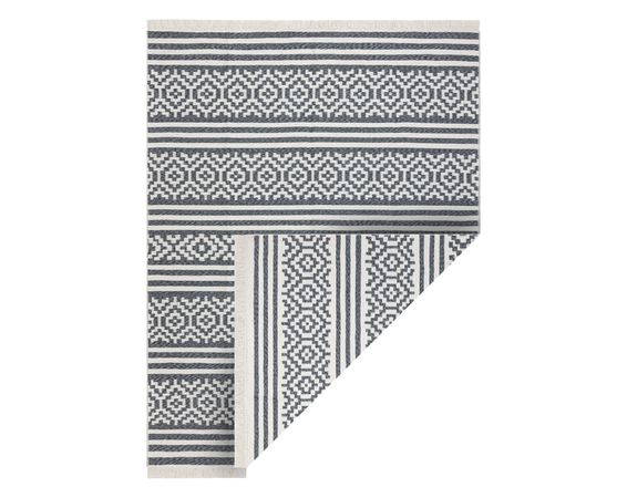 Obojstranný šnúrkový ekologický koberec TWIN 22996 Geometrický vzor, so strapcami, antracit - krémový