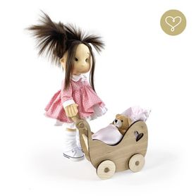 Drevený kočík s mackom pre handmade bábiku
