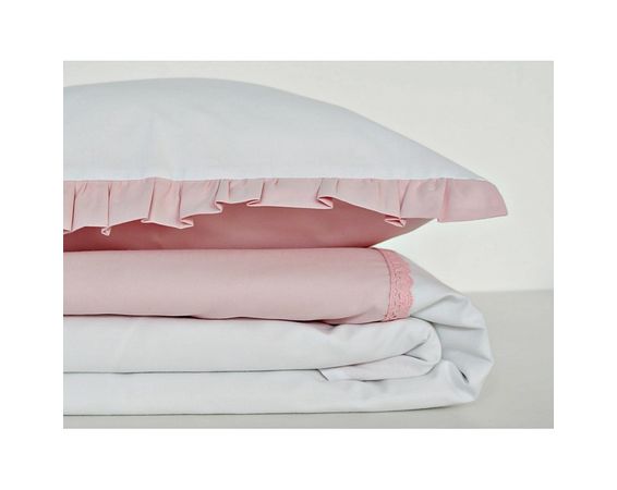 Bavlnená posteľná bielizeň s volánikom, biela s púdrovo ružovým volánikom