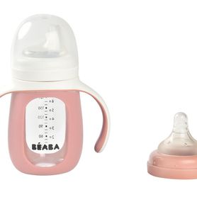 Dojčenská fľaša sklenená 2v1 210ml so silikónovou ochranou Pink