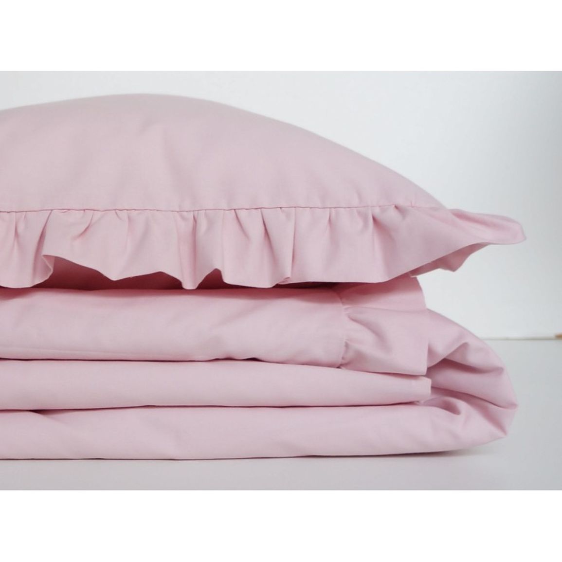 Bavlnená posteľná bielizeň s dvojitým volánikom, pudrovo ružová
