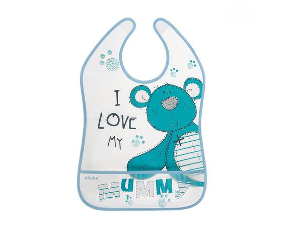 Akuku plastový podbradník/zásterka s vreckom Teddy Bear modrý