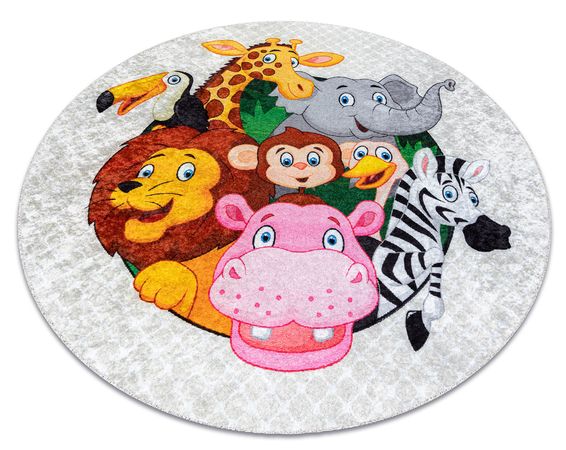 Prateľný protišmykový okrúhly koberec JUNIOR 51595.801 Zvieratká - Afrika, sivý