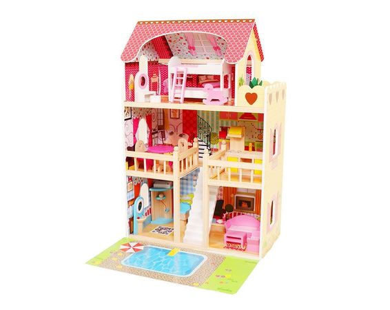 Drevený domček pre bábiky s nábytkom, bazénom a osvetlením