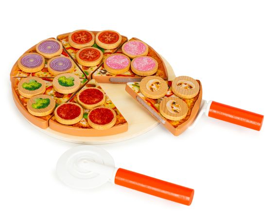 Drevená pizza na krájanie so suchým zipsom pre deti, 27 prvkov