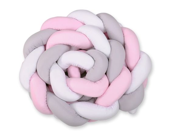 Bavlnený pletený mantinel - vrkoč XXL - bielo-sivo-ružový