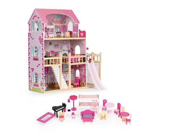 Drevený domček pre bábiky s terasou a šmýkačkou ECOTOYS