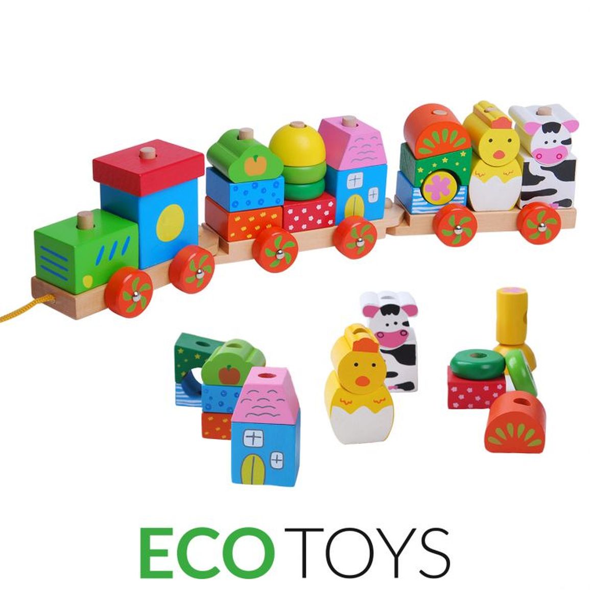 Eco Toys Drevený vláčik s kockami 20 dielov