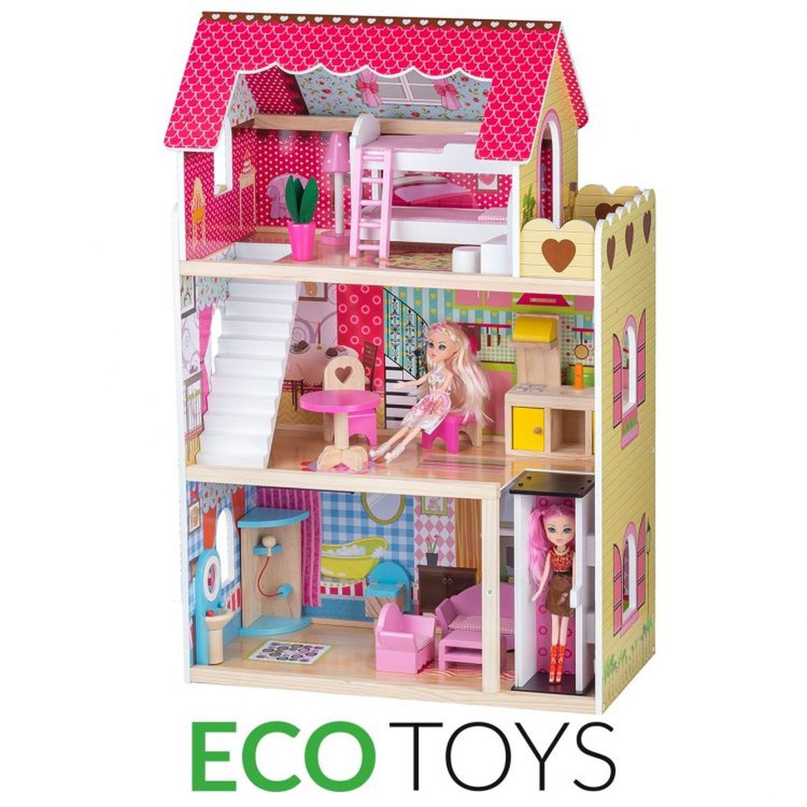 Eco Toys Drevený domček pre bábiky Malinový s výťahom 4120