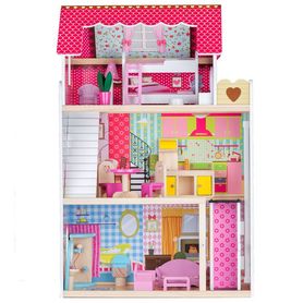 Eco Toys Drevený domček pre bábiky Malinový s výťahom 4120